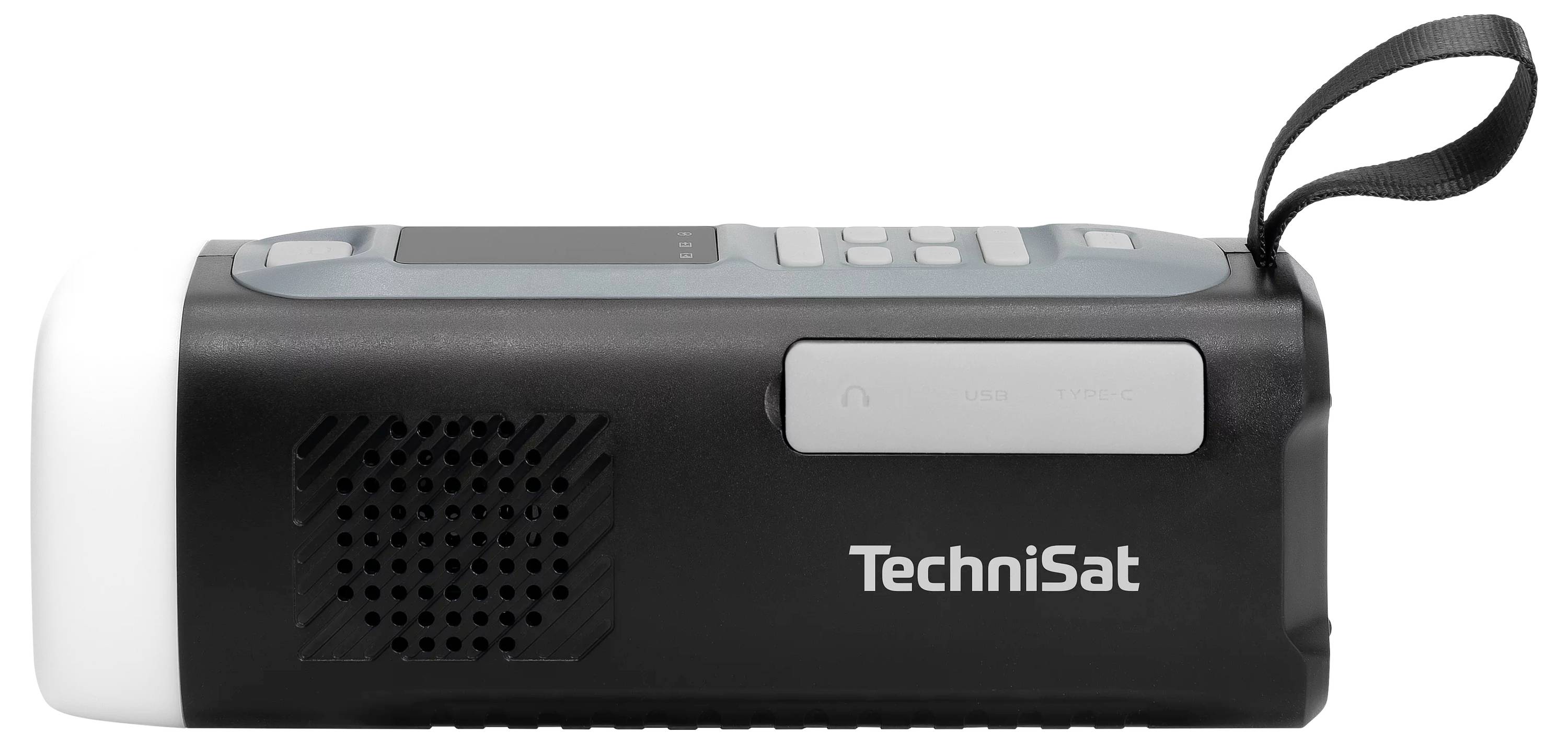 TechniSat tragbarer Radiolutsprecher mit Griff und seitlichem Bedienfeld, Seitenansicht auf weißem Hintergrund dargestellt.