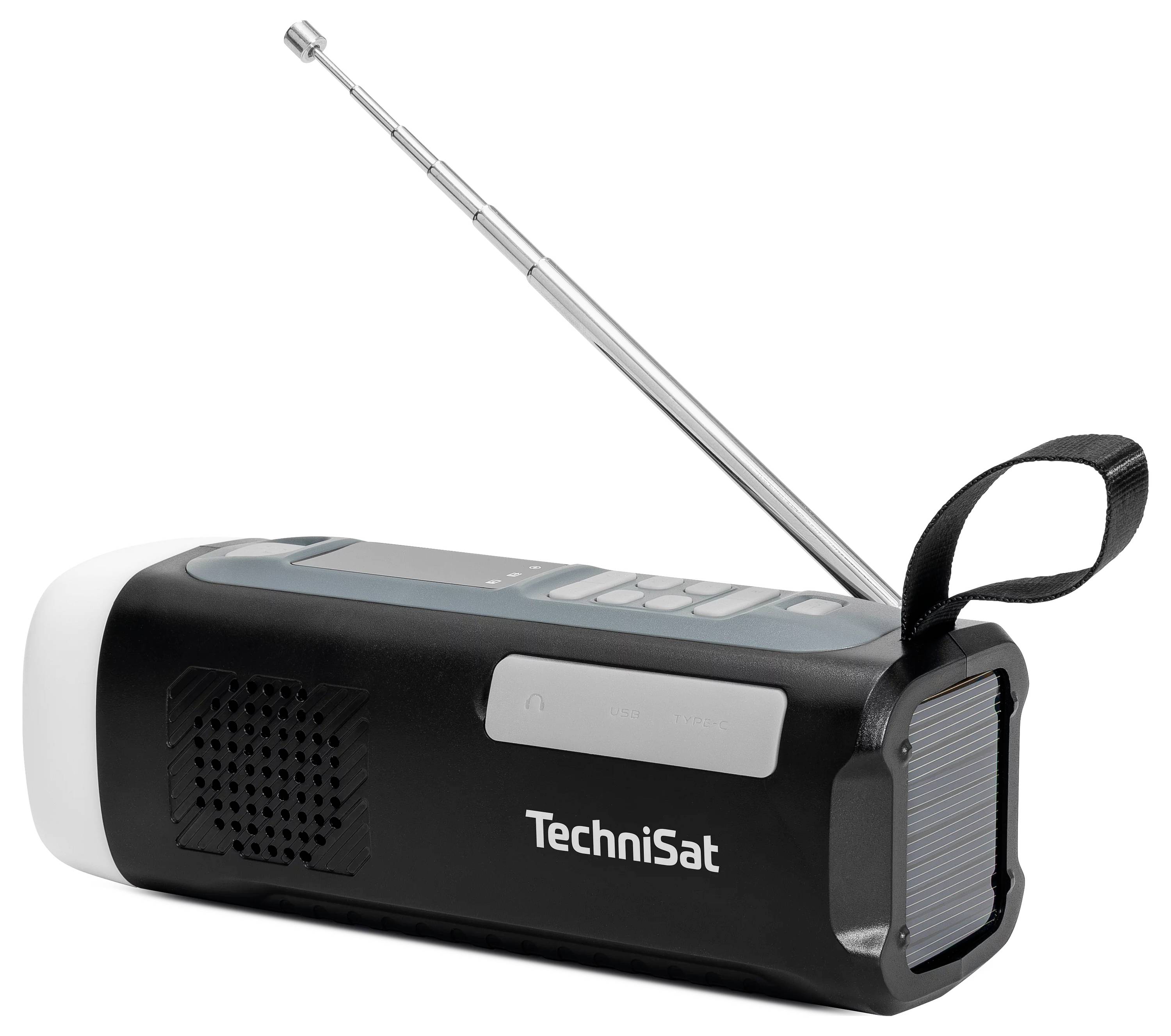 Tragbares TechniSat-Radio mit ausziehbarer Antenne, Lautsprechergitter, Steuertasten und Handgelenksriemen auf weißem Hintergrund.