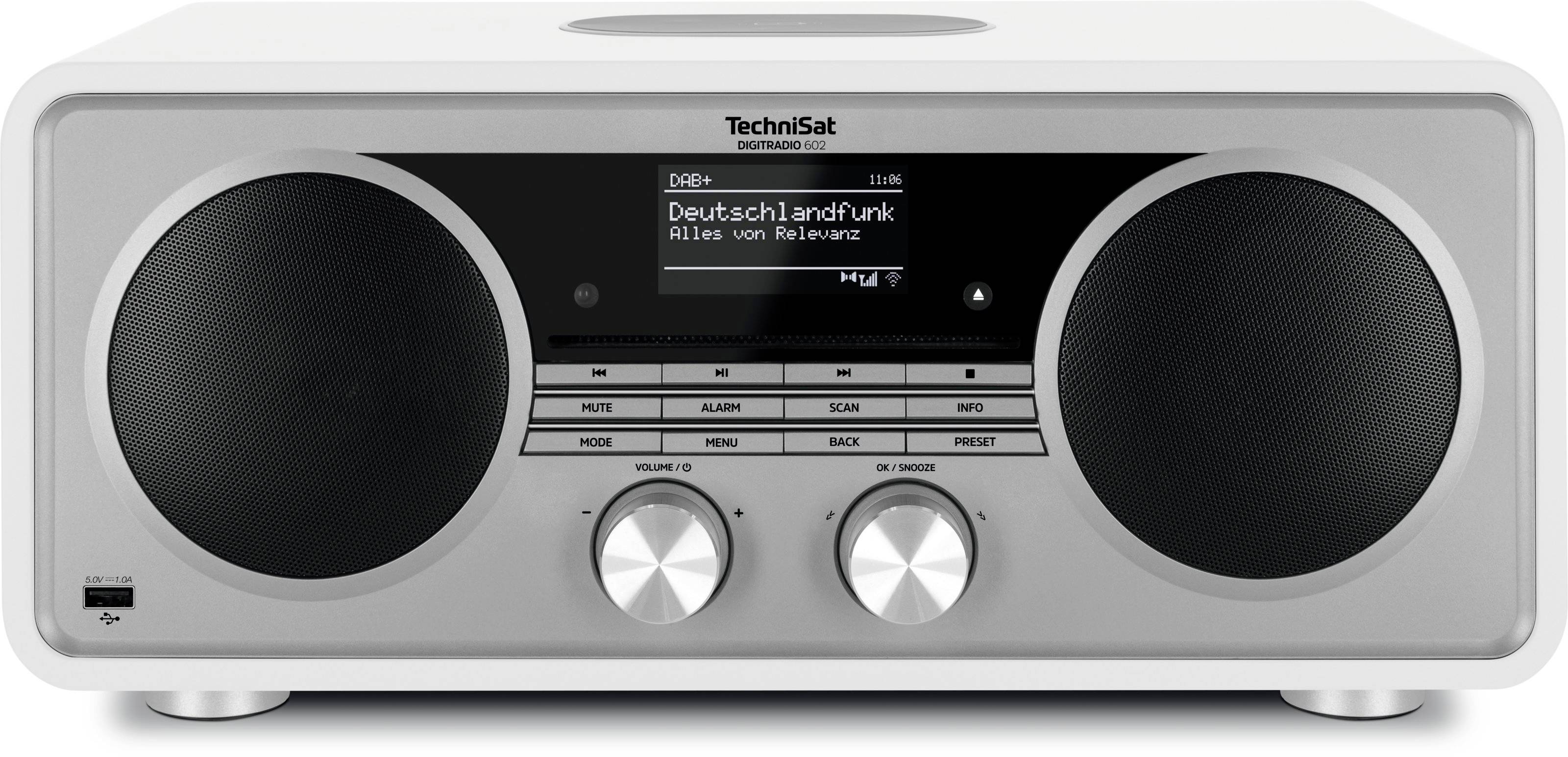 Silber TechniSat DAB+-Digitalradio mit zwei großen schwarzen Lautsprechern, kleinem zentralen Display, das Stationsinformationen anzeigt, und zwei silbernen Bedienknöpfen.