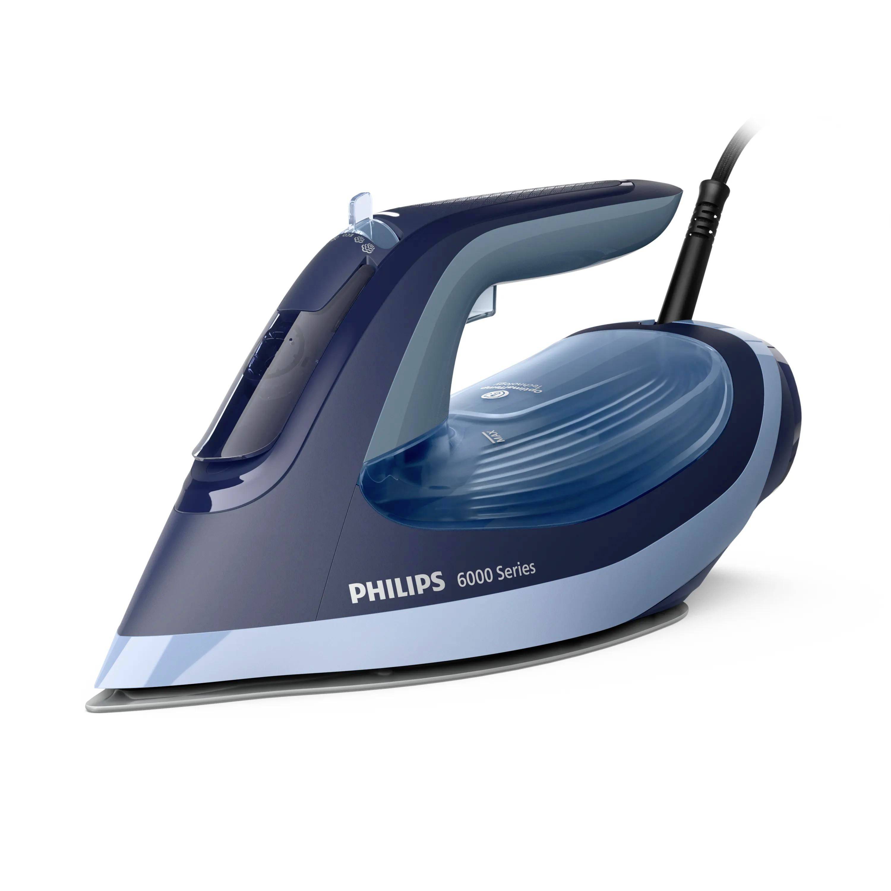 Blauer Philips 6000 Series Dampfbügeleisen auf weißem Hintergrund, in Seitenansicht mit angeschlossenem Stromkabel dargestellt.