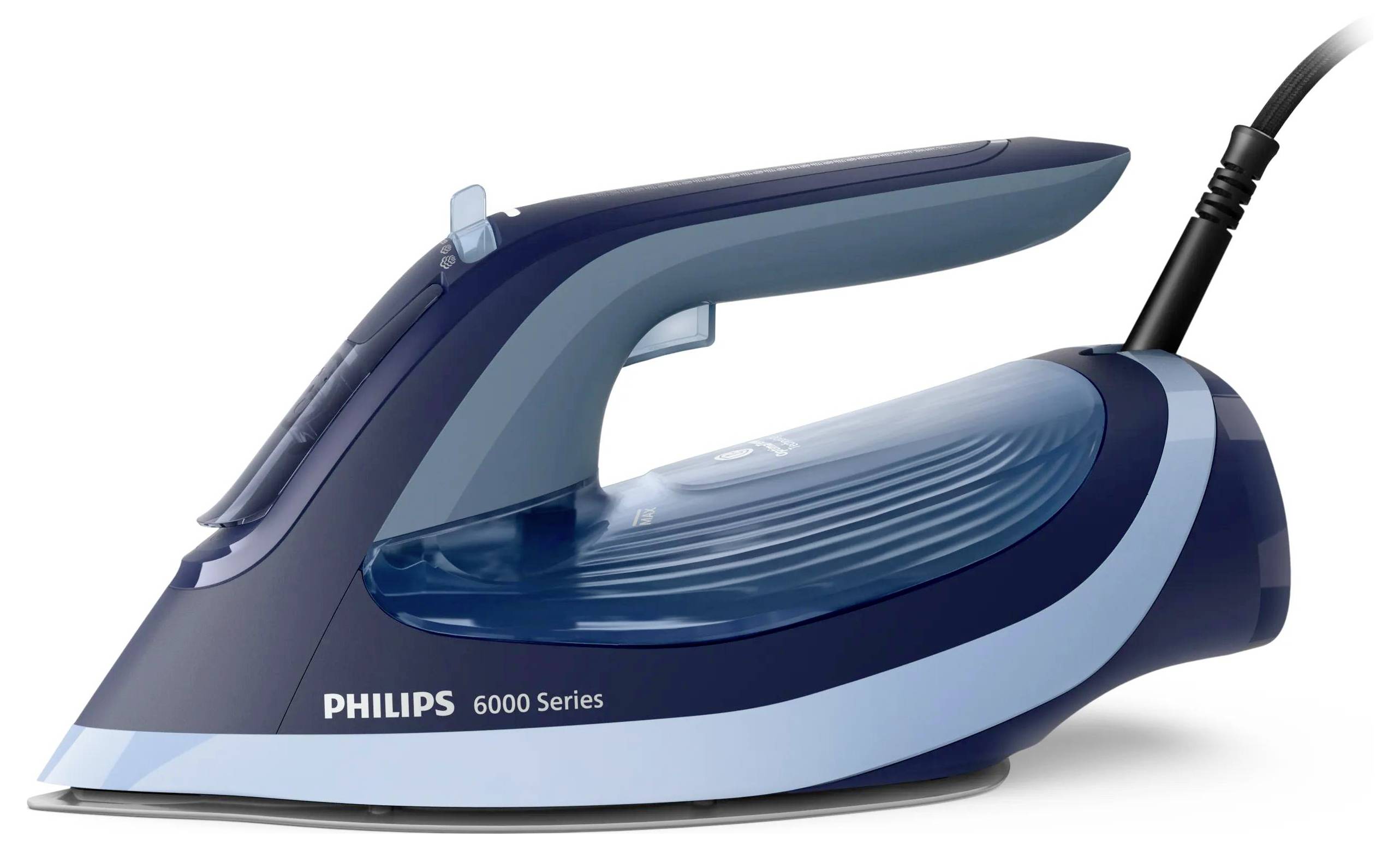 Blauer Philips 6000er Serie Dampfbügeleisen mit Kabel auf weißem Hintergrund, Seitenansicht.