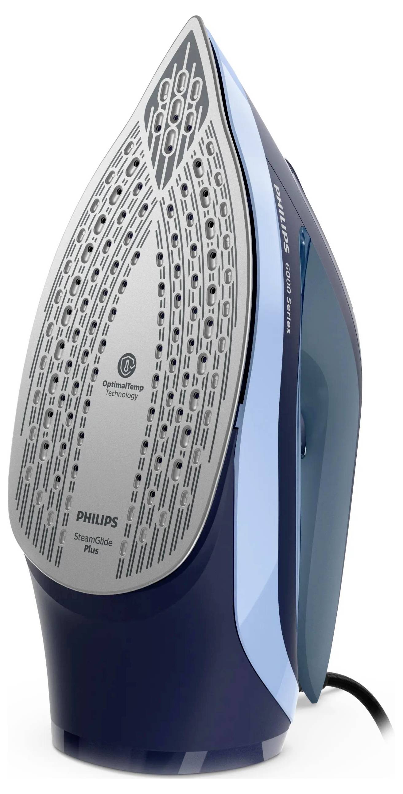 Ein blau-weißes Philips SteamGlide Plus Dampfbügeleisen, das aufrecht auf weißem Hintergrund gezeigt wird, mit sichtbarer Bügelsohle und Stromkabel.