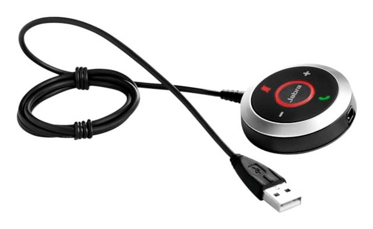 USB-Headset mit Inline-Steuerung mit Lautstärke-, Stummschalter- und Anruftasten auf einem schwarzen Kabel