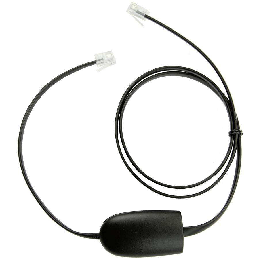 Schwarzes Telefonhörer-Adapterkabel mit zwei durchsichtigen modularen Steckern und einem integrierten Verbindungsblock auf weißem Hintergrund