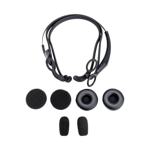 Schwarzes Over-Ear-Kopfhörer-Set mit Mikrofon und sechs austauschbaren Schaumstoff- und Silikon-Ohrstöpseln auf weißem Hintergrund.