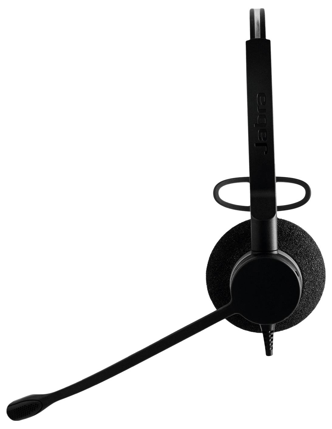 Schwarzes Jabra Over-Ear-Headset mit Boom-Mikrofon auf weißem Hintergrund