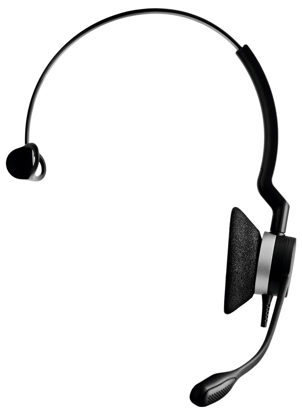 Schwarzes Over-Ear-Headset mit Boom-Mikrofon und kleinem In-Ear-Lautsprecher auf weißem Hintergrund.