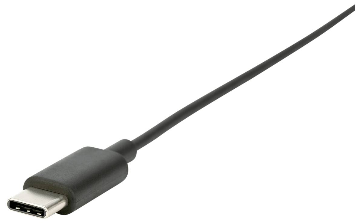 USB-C-Ladekabel mit schwarzem Stecker und Kabel auf weißem Hintergrund.