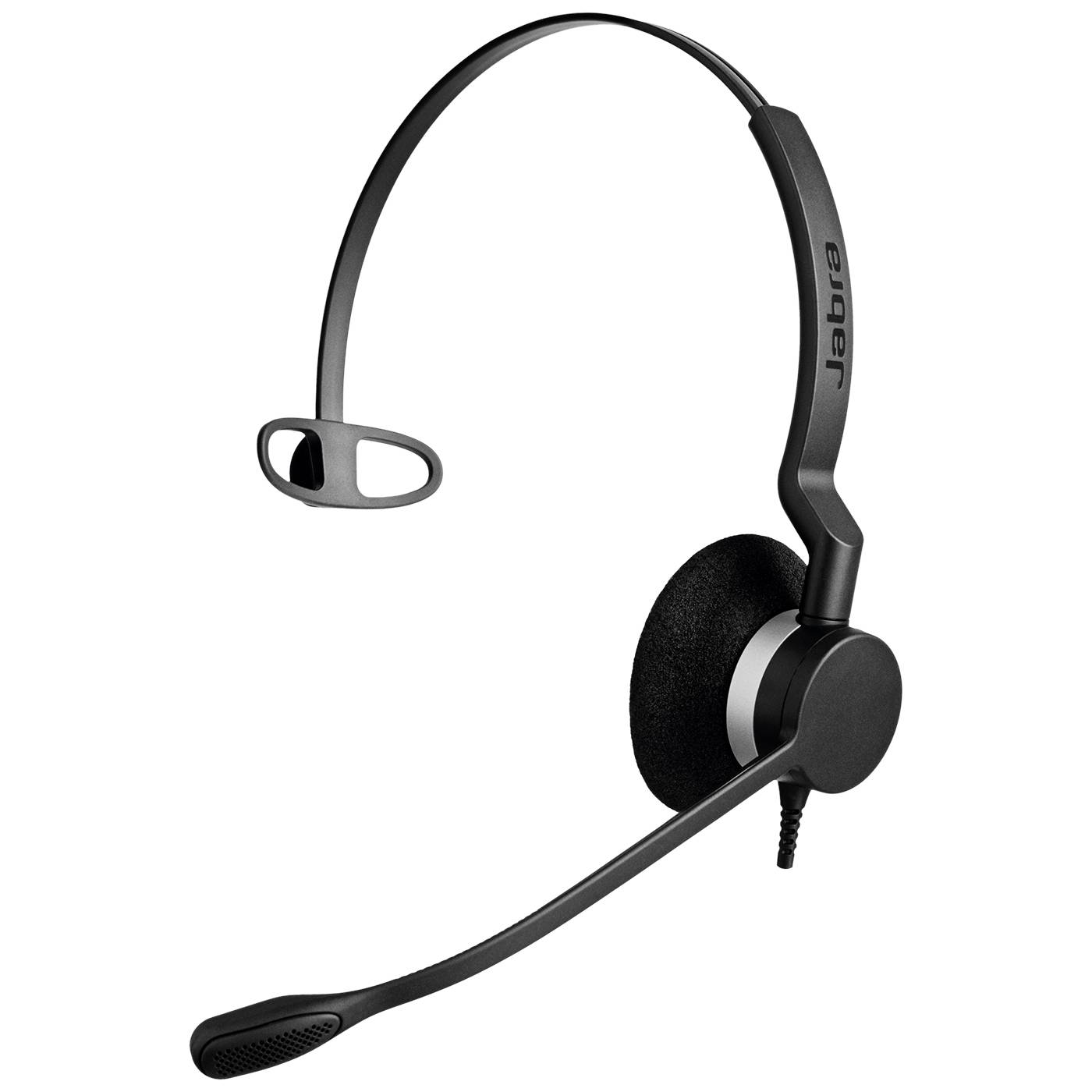 Schwarzes Kopfhörer-Headset mit Kopfbügel, Boom-Mikrofon und Ohrhörer, gezeigt auf weißem Hintergrund.