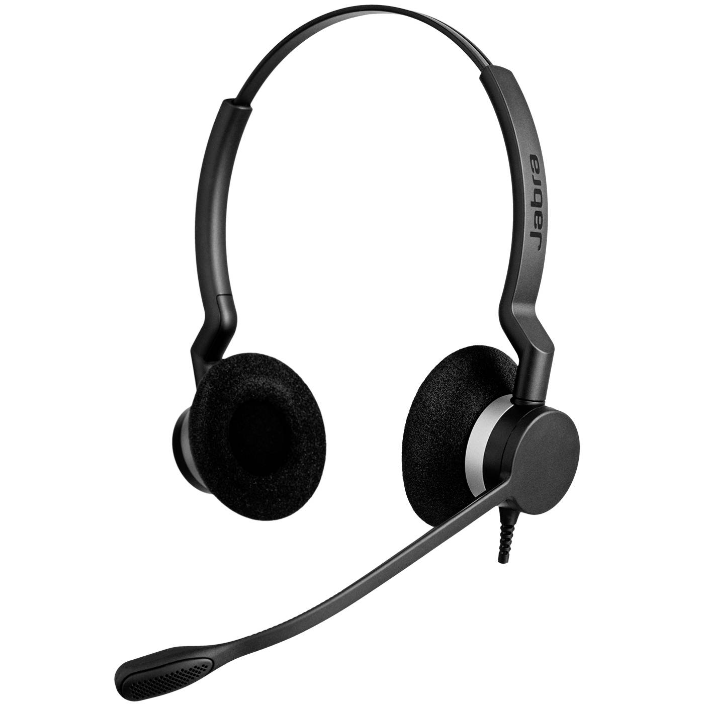 Schwarzes Jabra Over-Ear-Headset mit verstellbarem Kopfbügel und angebrachtem Boom-Mikrofon auf weißem Hintergrund