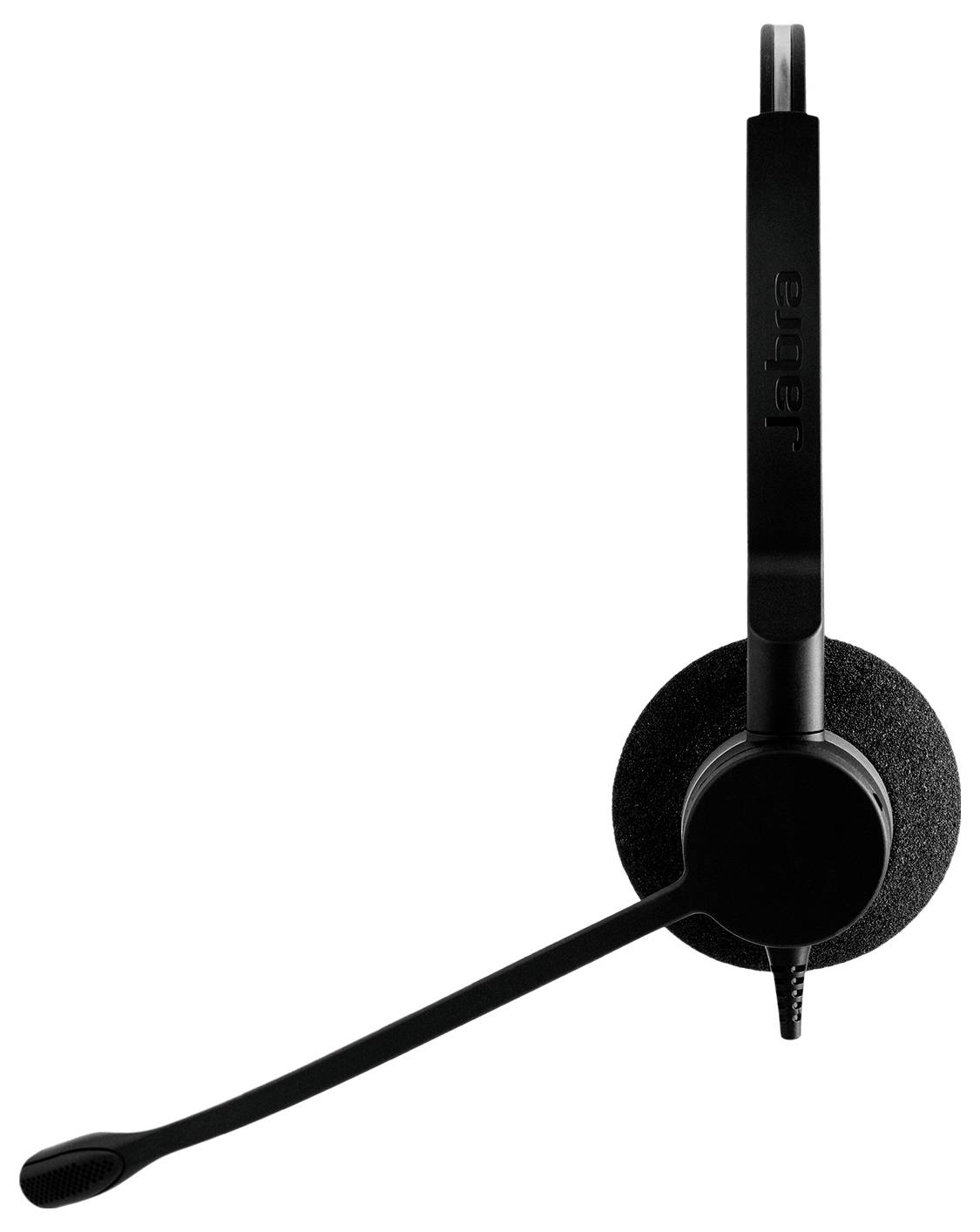 Schwarzes On-Ear-Headset mit Boom-Mikrofon und Schaumstoff-Ohrkissen auf weißem Hintergrund.