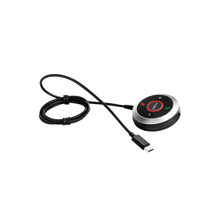 USB-C kabelgebundene Fernbedienungsfernsteuerung mit Antwort-, Beende- und Lautstärketasten auf einem Kabel mit Anschluss.