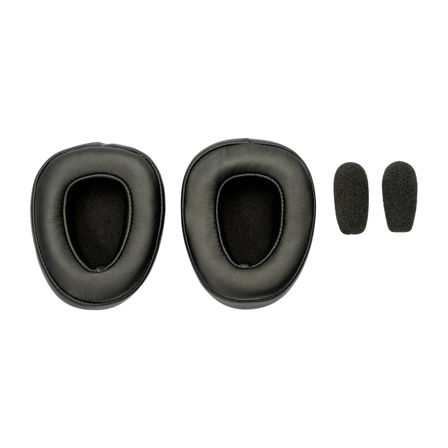 Schwarze Over-Ear-Kopfhörer-Ohrpolster mit zwei kleinen Schaumstoffeinlagen auf weißem Hintergrund.
