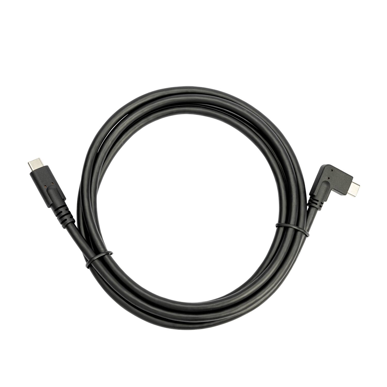 Schwarzes USB-C-Kabel aufgerollt auf weißem Hintergrund, mit geradem USB-C-Stecker an einem Ende und rechtwinkliges USB-C-Stecker am anderen Ende.