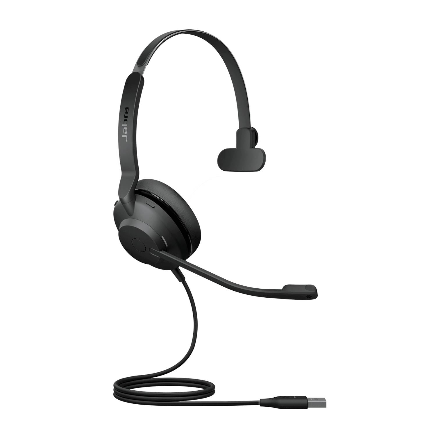 Schwarzes einseitiges schnurloses Headset mit Boom-Mikrofon und USB-Kabel, gezeigt auf weißem Hintergrund.