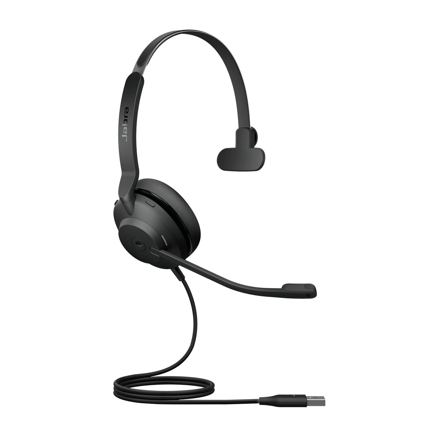 Schwarzes Over-Ear-Headset mit Boom-Mikrofon und USB-Kabel, auf weißem Hintergrund dargestellt.
