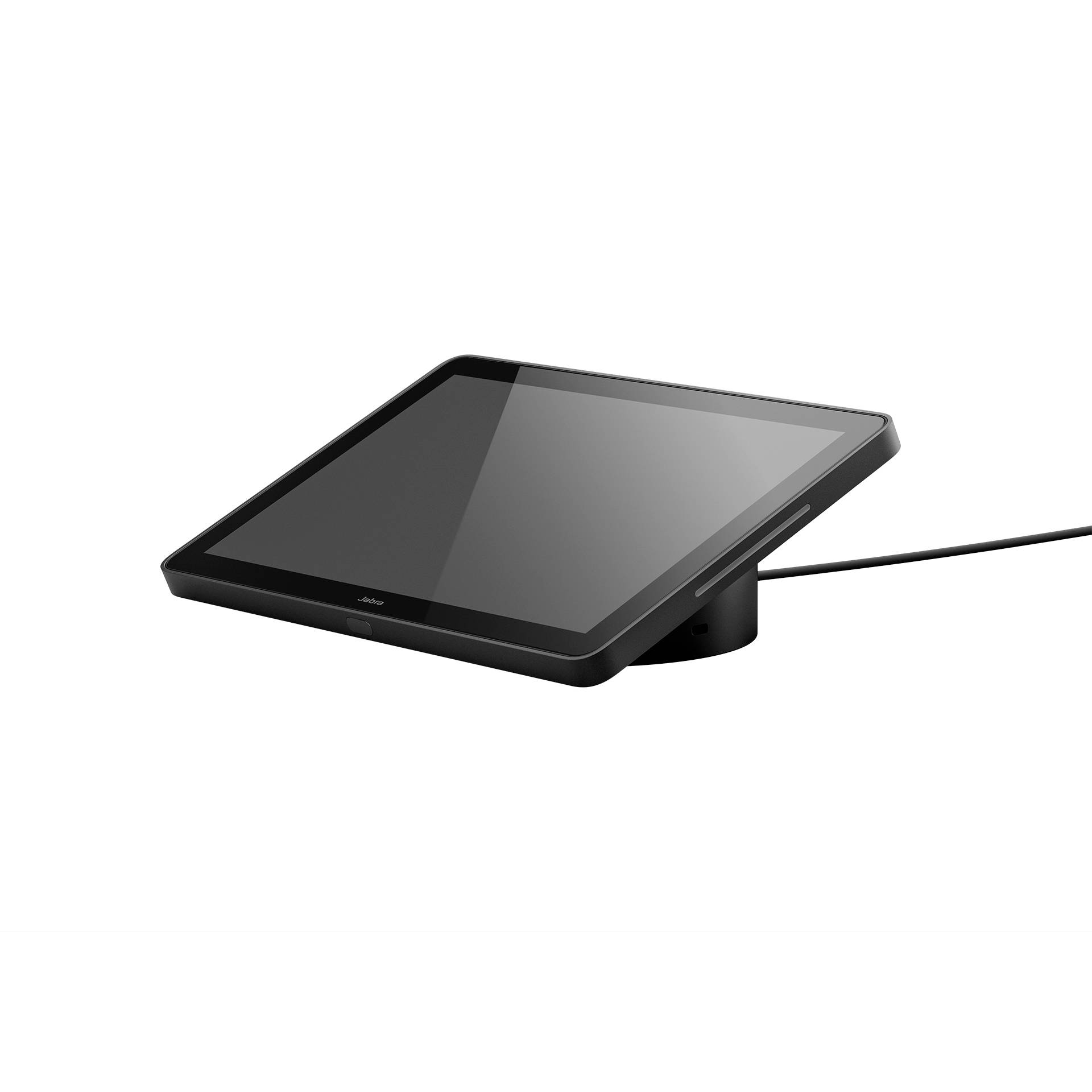 Schwarzes Touchscreen-Display auf einem neigbaren Ständer mit angeschlossenem Kabel, vor einem einfachen weißen Hintergrund dargestellt.