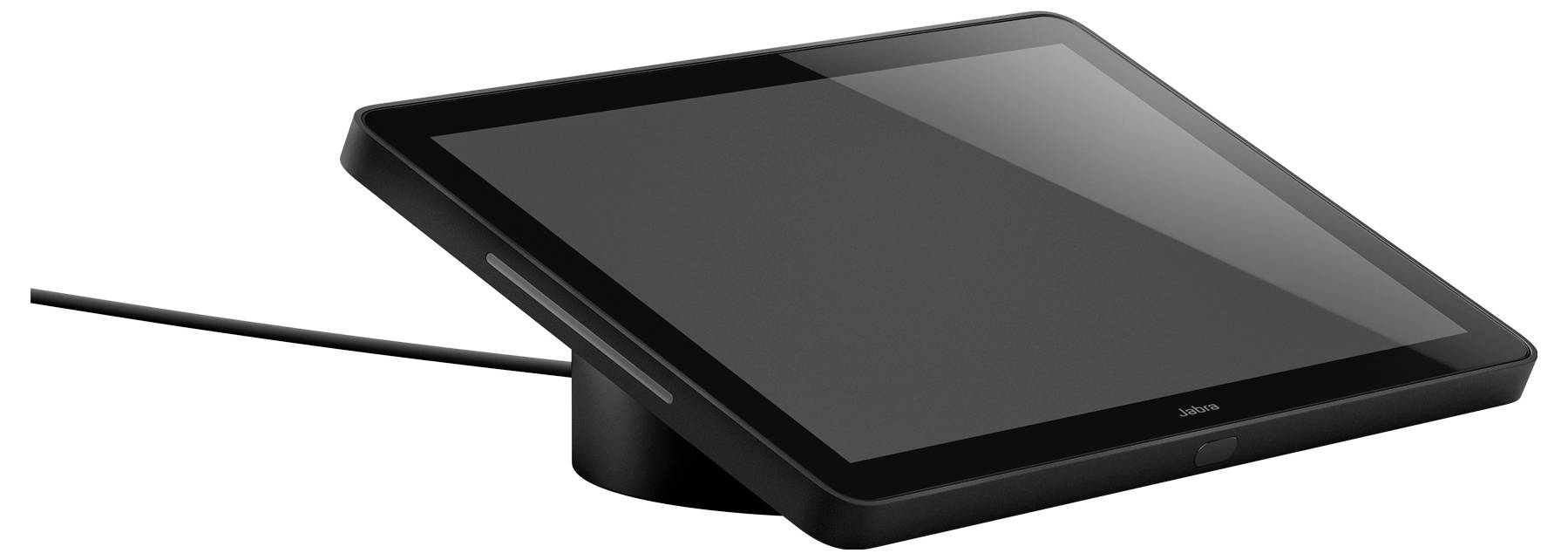Ein schwarzes Touchscreen-Tablet-Display auf einem geneigten Ständer mit einem Stift oder Kabel, das sich von der linken Seite erstreckt.