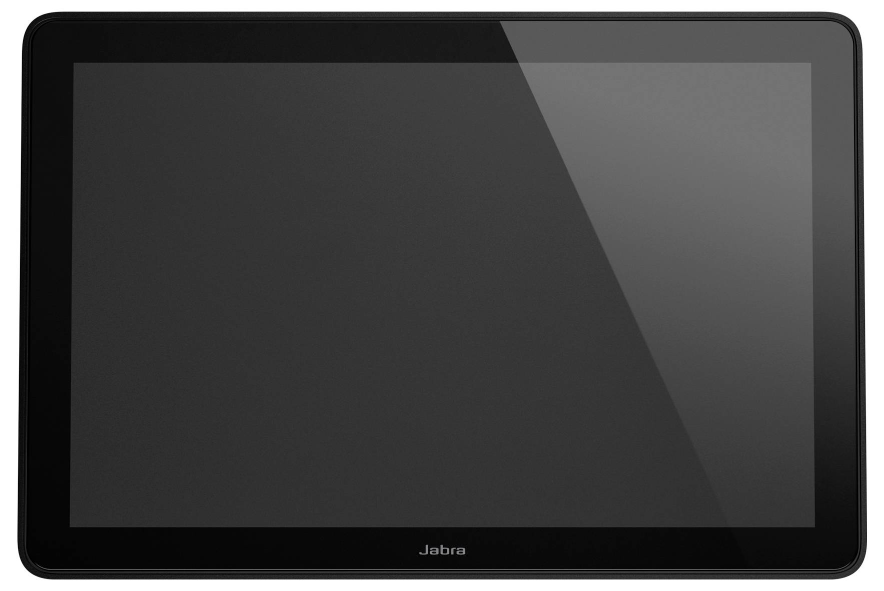 Schwarzes Jabra-Touchscreen-Gerät oder Display mit leerem Bildschirm und abgerundeter Blende, in Frontansicht auf weißem Hintergrund dargestellt.