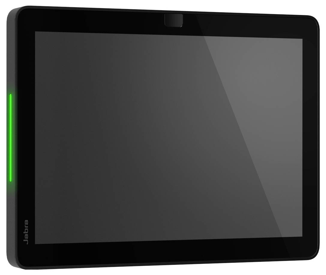 Schwarzes Jabra-Tablet oder Touchscreen-Gerät mit grün beleuchtetem Seitenlicht und dunklem leeren Bildschirm.