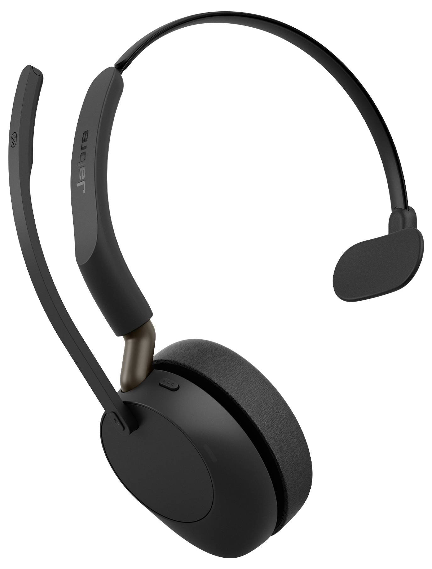 Schwarzes kabelloses Over-Ear-Headset mit Boom-Mikrofon und verstellbarem Kopfbügel, dargestellt auf einem schlichten weißen Hintergrund.