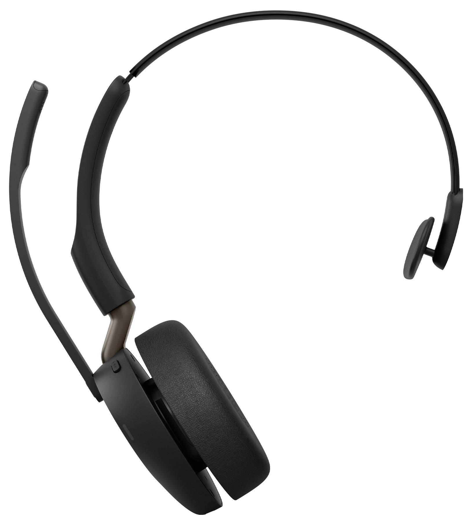 Schwarzes Over-Ear-Headset mit gekrümmtem Boom-Mikrofon, auf weißem Hintergrund dargestellt.