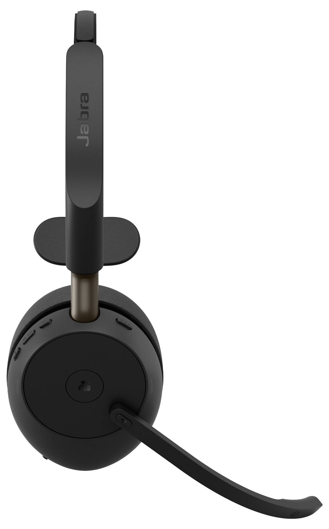 Schwarzes Jabra Over-Ear-Headset mit Boom-Mikrofon auf weißem Hintergrund, in Profilansicht dargestellt.