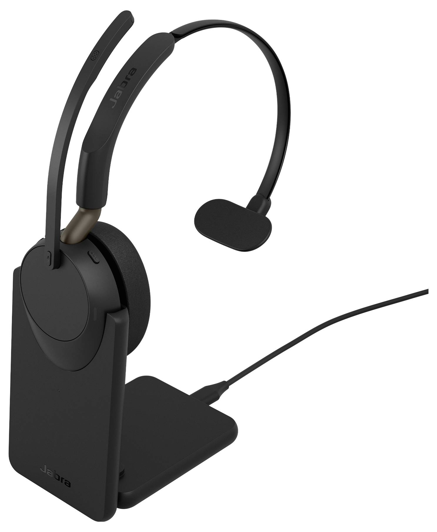 Schwarzes Over-Ear-Wireless-Headset mit Boom-Mikrofon auf einer Ladestation mit angeschlossenem Kabel.