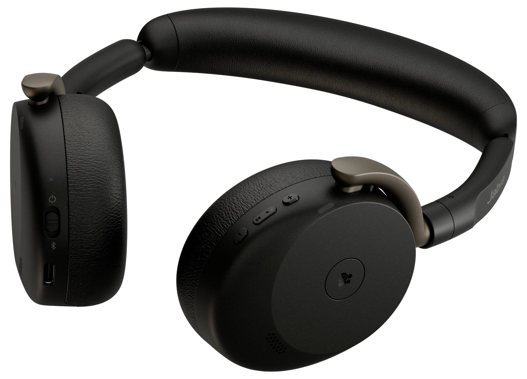 Schwarze kabellose Over-Ear-Kopfhörer mit gepolstertem Kopfbügel, sichtbare Steuerelemente auf den Ohrmuscheln, auf weißem Hintergrund dargestellt.