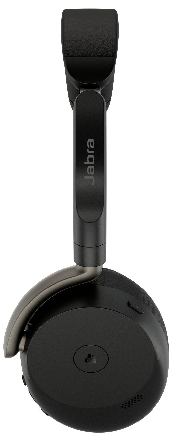 Schwarzes Jabra On-Ear-Headset mit gepolstertem Kopfbügel und rundem Ohrmuschel, abgebildet vor weißem Hintergrund.