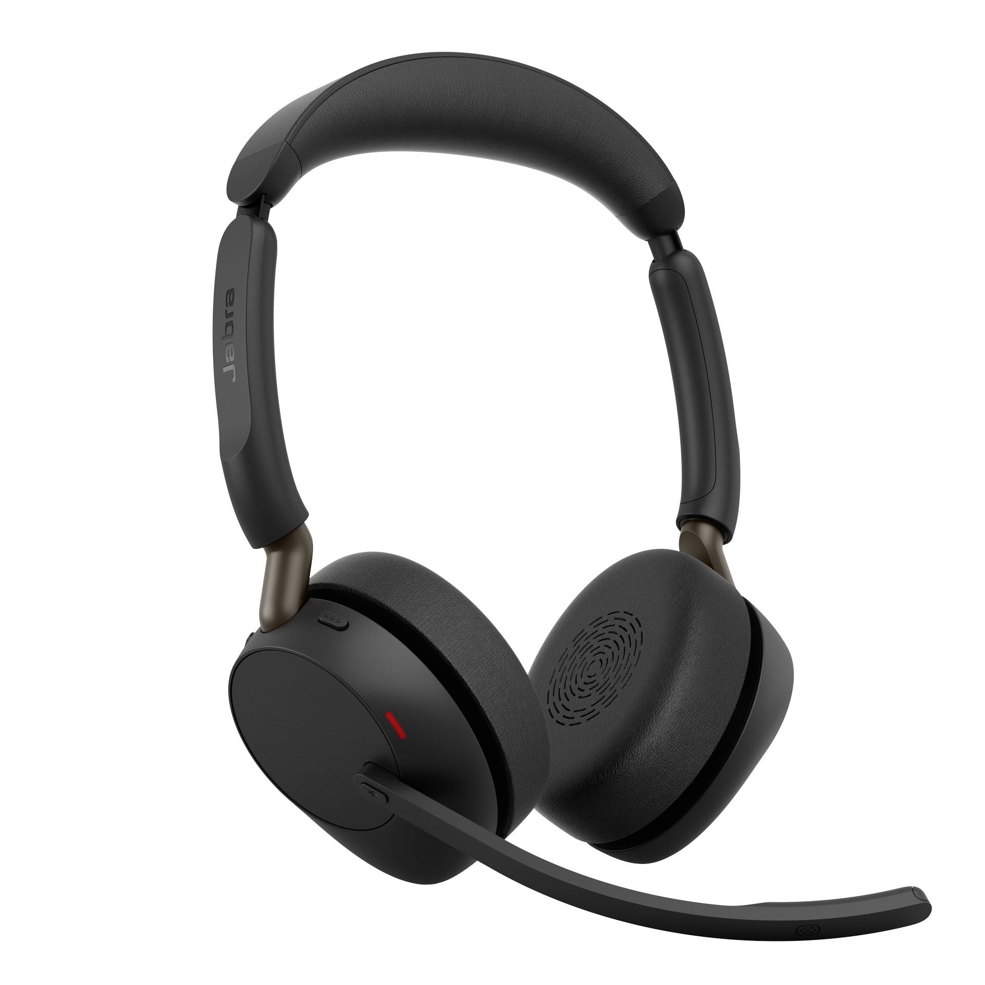 Schwarzes Over-Ear-Wireless-Headset mit gepolstertem Kopfbügel und Boom-Mikrofon, abgebildet auf weißem Hintergrund.