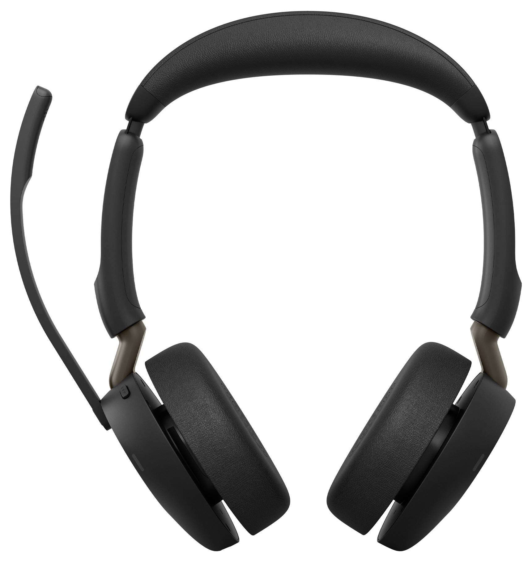 Schwarzes Over-Ear-Kopfhörer-Set mit Mikrofon-Boom, Vorderansicht auf weißem Hintergrund gezeigt.