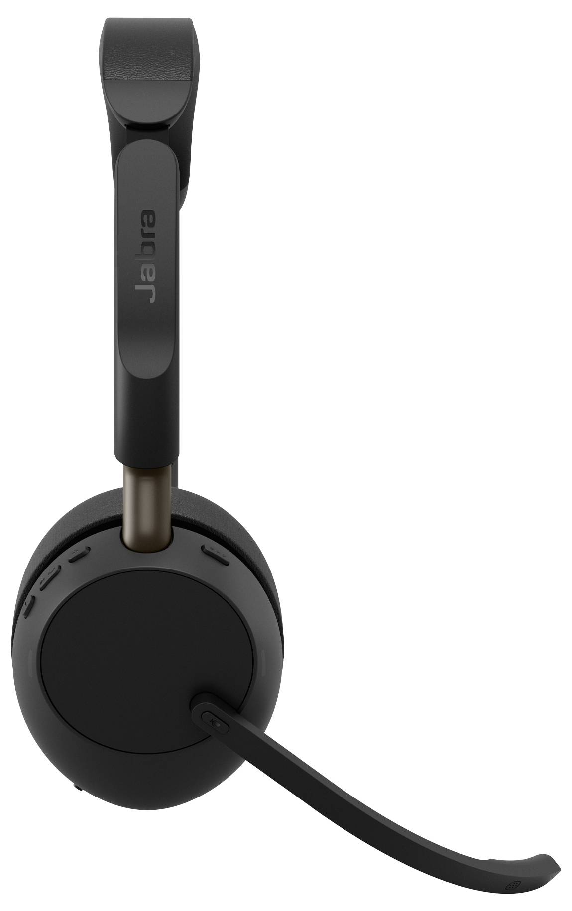 Schwarzes Jabra Over-Ear-Headset mit Boom-Mikrofon auf weißem Hintergrund.