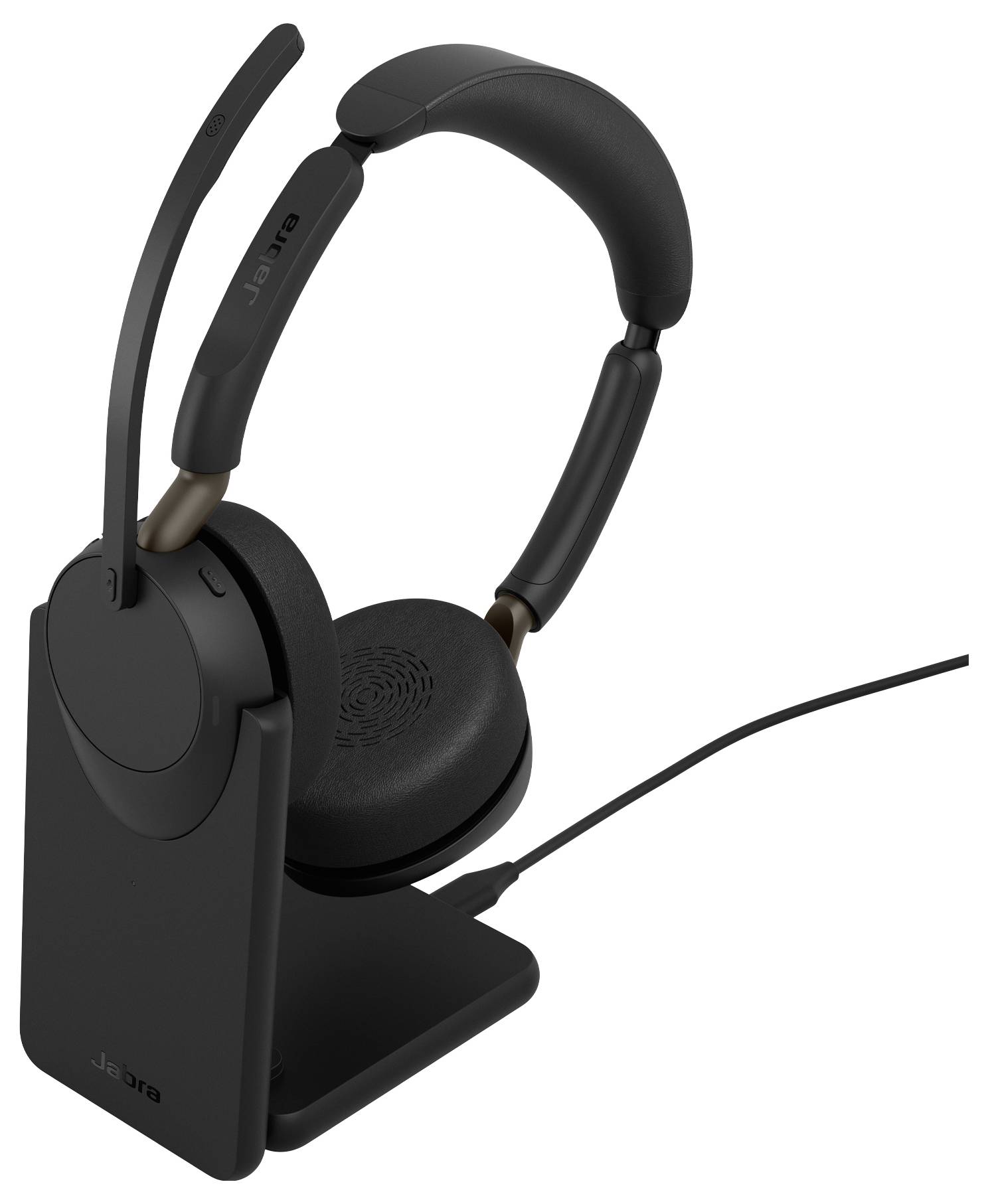 Schwarzes Over-Ear-Headset auf einer Ladestation, mit Mikrofonausleger und angeschlossenem Kabel.