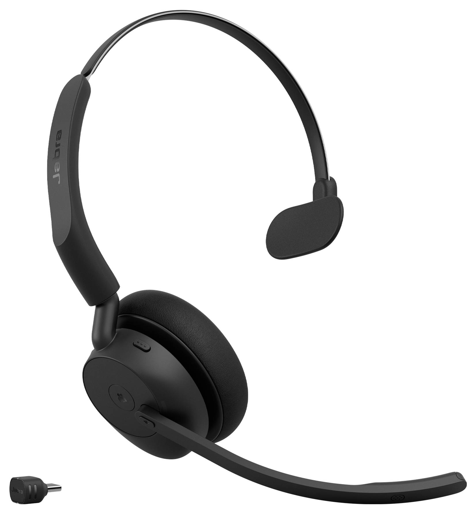 Schwarzes Over-Ear-Headset von Jabra mit Boom-Mikrofon, dargestellt mit einem kleinen Ladestecker auf weißem Hintergrund.