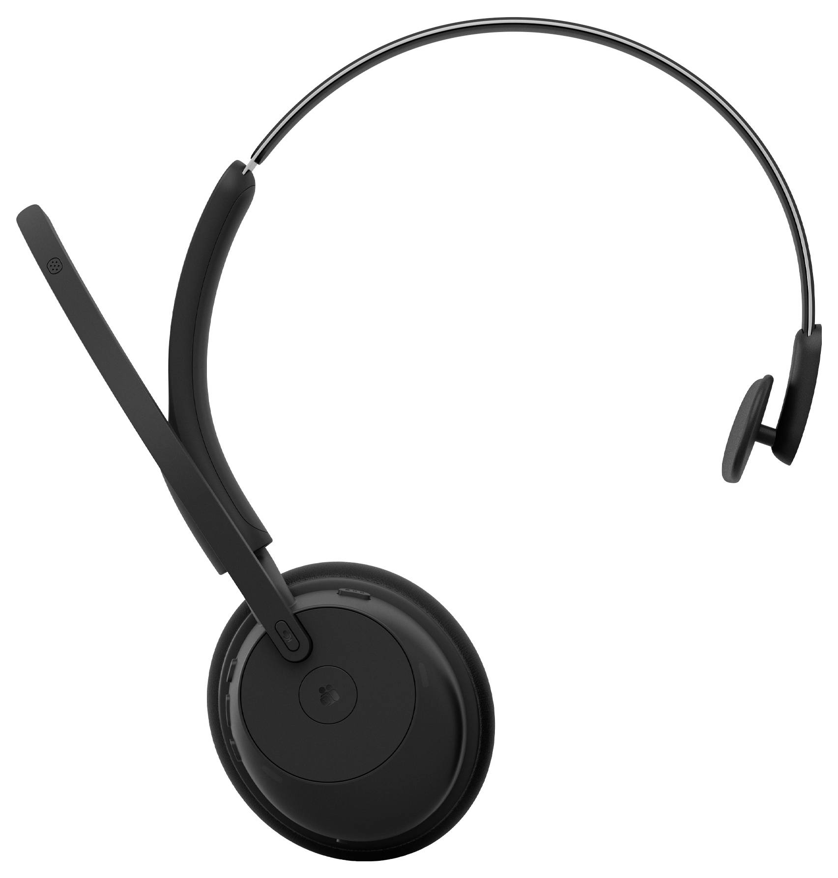 Schwarzes kabelloses On-Ear-Headset mit Boom-Mikrofon, dargestellt auf weißem Hintergrund.