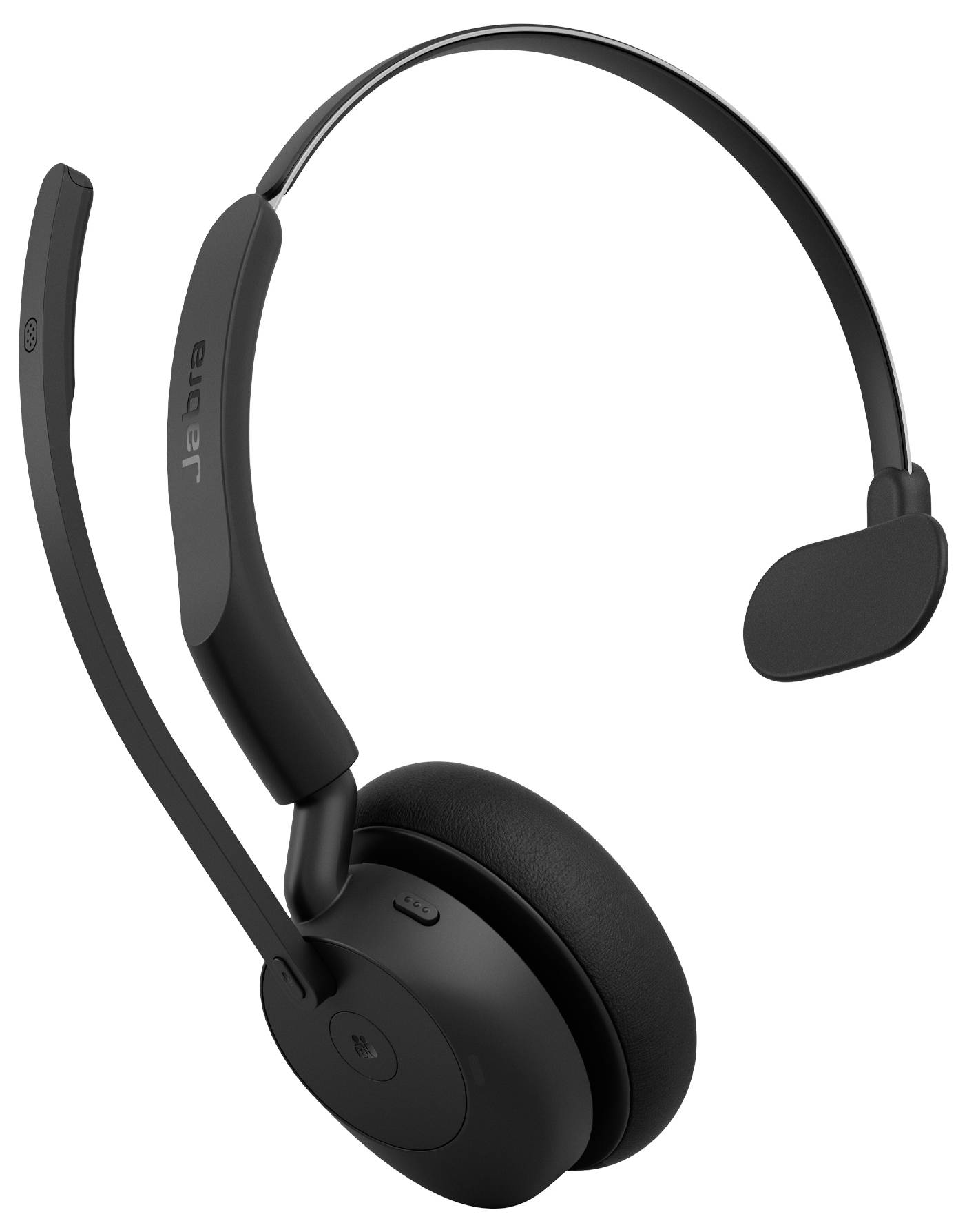 Schwarzes Jabra kabelloses Over-Ear-Headset mit Boom-Mikrofon, gezeigt auf weißem Hintergrund.