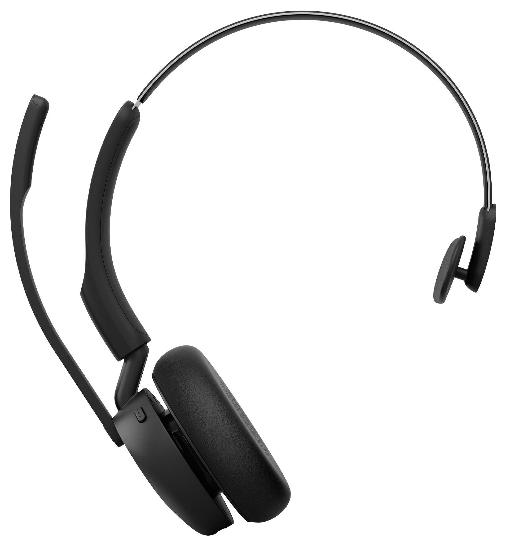 Schwarzes Over-Ear-Wireless-Headset mit Boom-Mikrofon, auf weißem Hintergrund dargestellt.