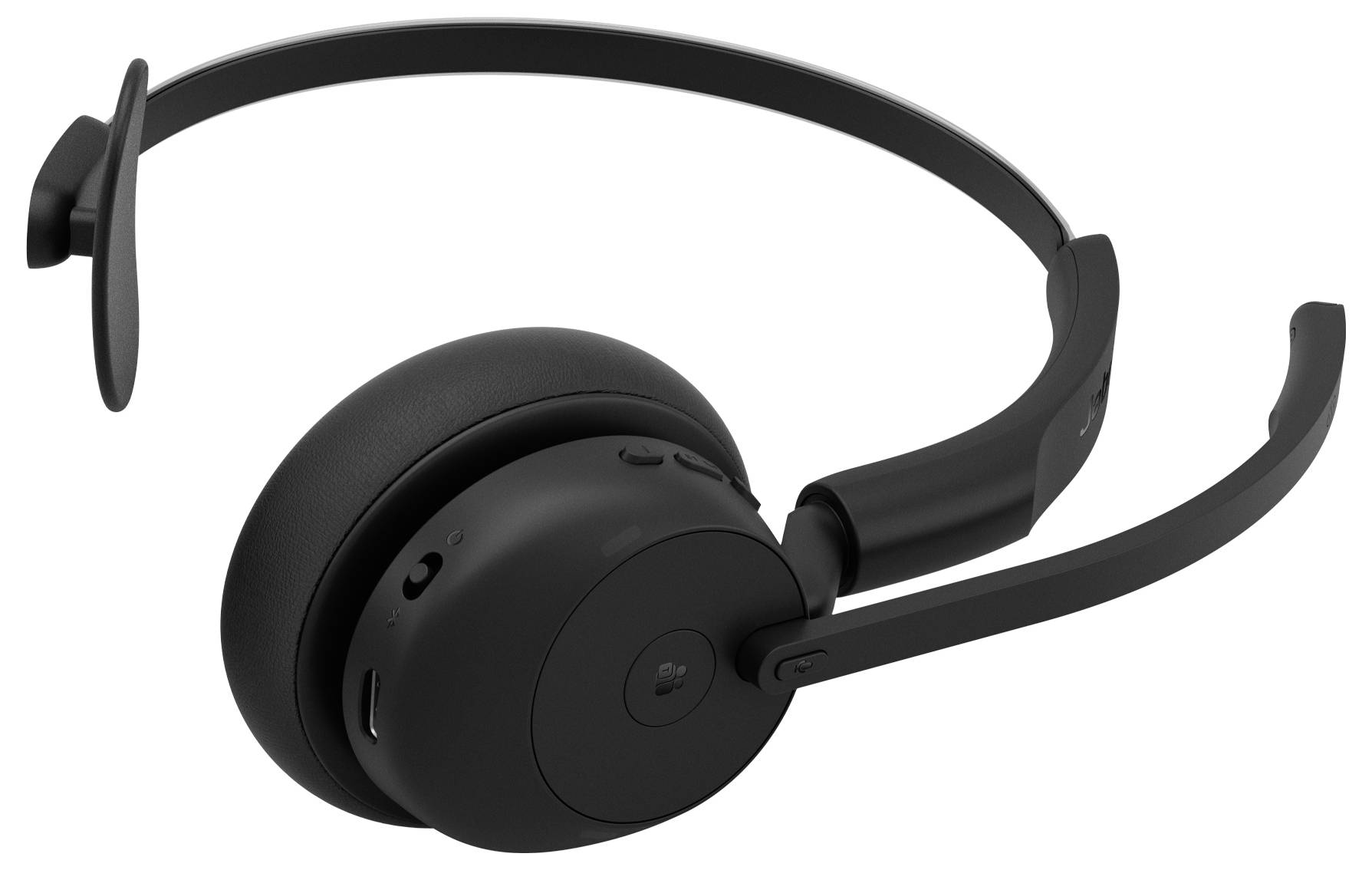 Schwarzes kabelloses Over-Ear-Headset mit Boom-Mikrofon, gezeigt auf weißem Hintergrund.