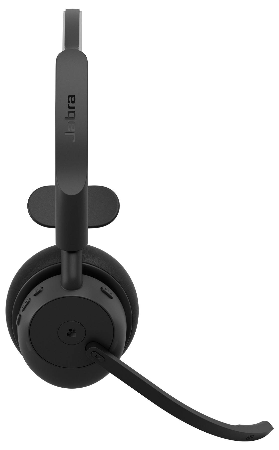 Schwarzes Over-Ear-Headset mit Boom-Mikrofon und Jabra-Branding, auf weißem Hintergrund dargestellt.