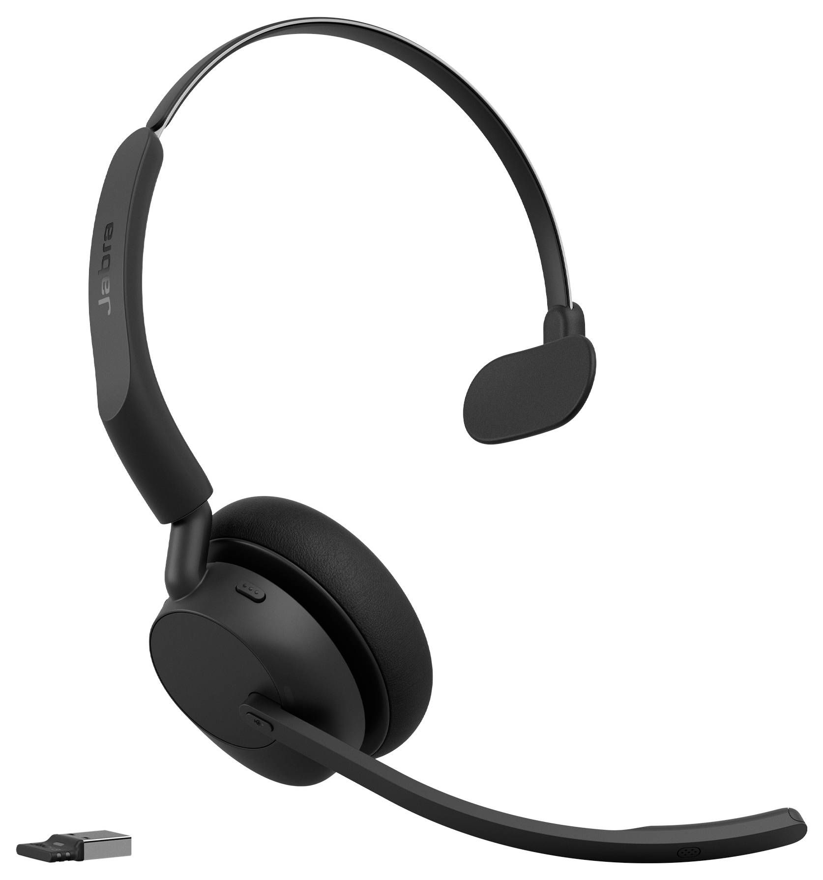 Schwarze Jabra Over-Ear-Kopfhörer mit Anschallmikrofon, gezeigt auf weißem Hintergrund; kleiner USB-Adapter erscheint unten links.
