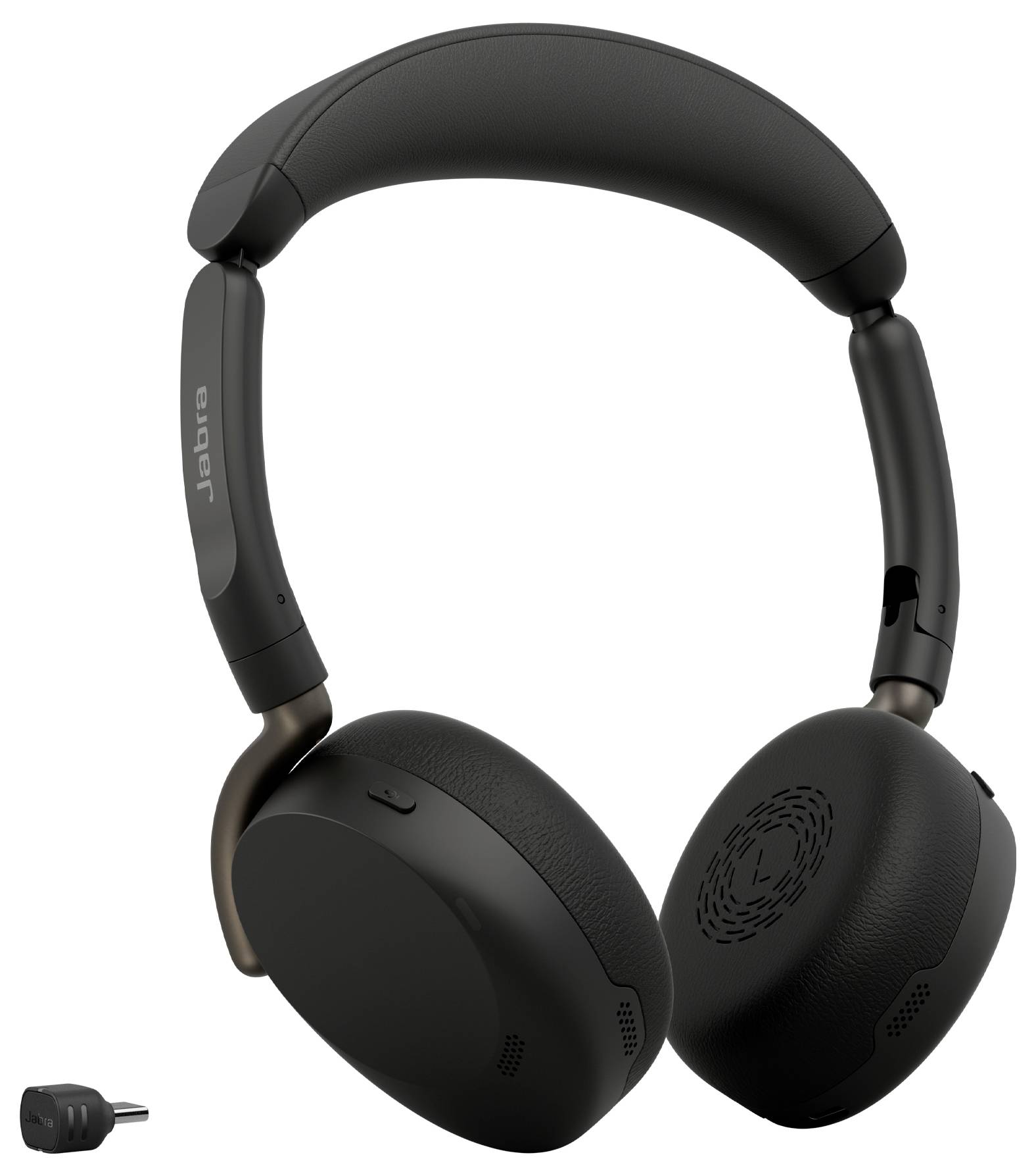 Schwarzes Jabra-Kopfhörer-Headset mit Ohrpolstern und gepolstertem Kopfband, zusammen mit einem kleinen Ladedongle dargestellt.