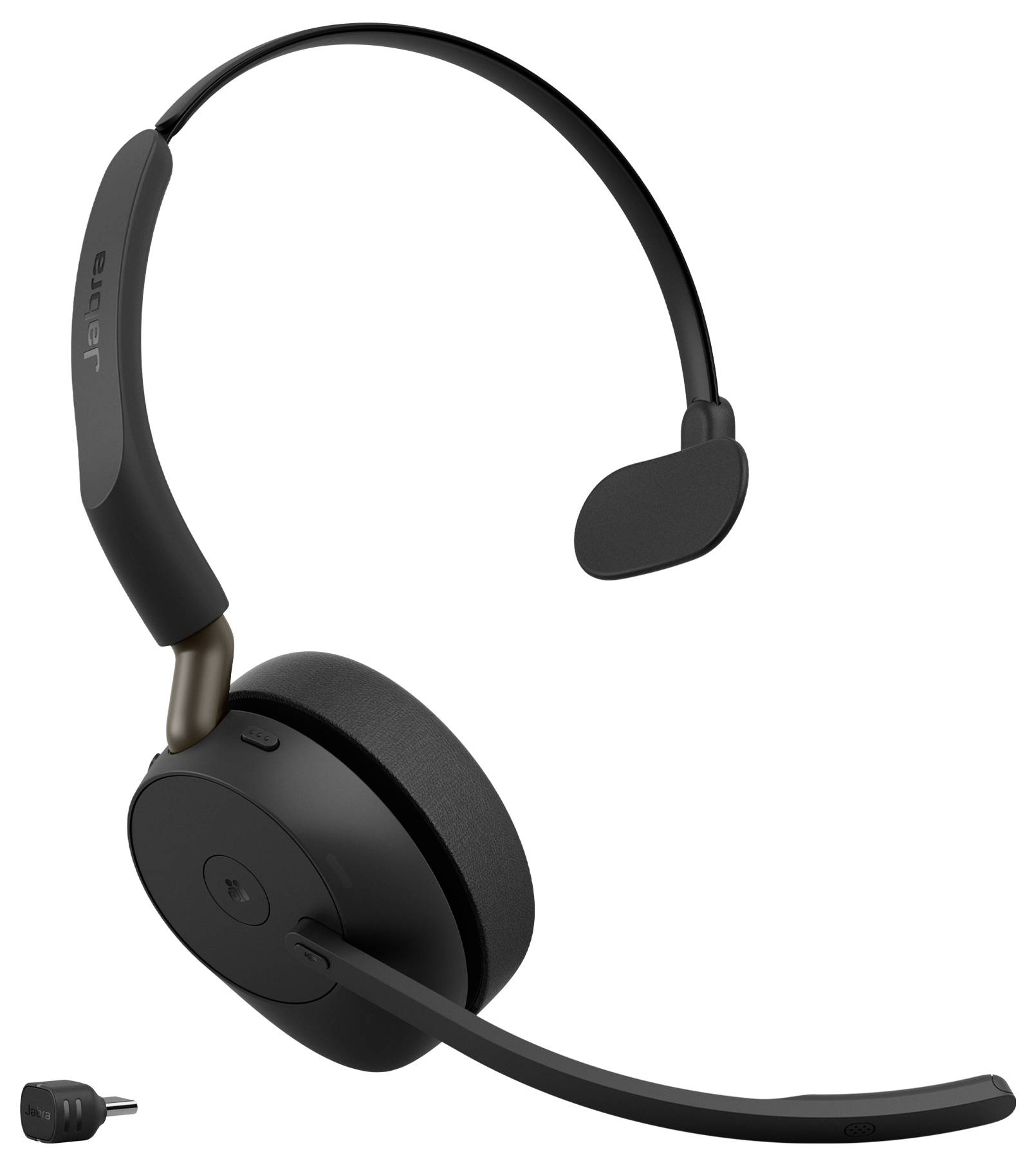 Schwarzes Over-Ear-Kopfhörer-Headset mit Boommirofon, auf weißem Hintergrund dargestellt, mit einem kleinen USB-Dongle daneben.