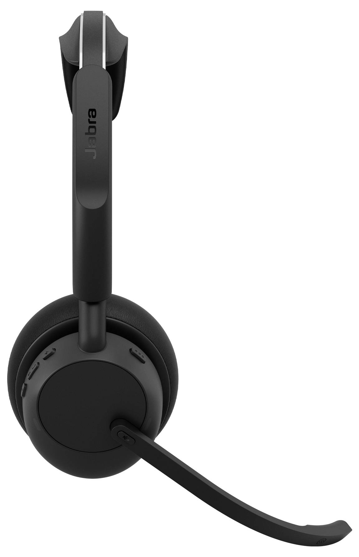 Schwarzes Jabra-Kopfhörer-Headset mit Ohrbügeln und Boom-Mikrofon, dargestellt auf weißem Hintergrund.