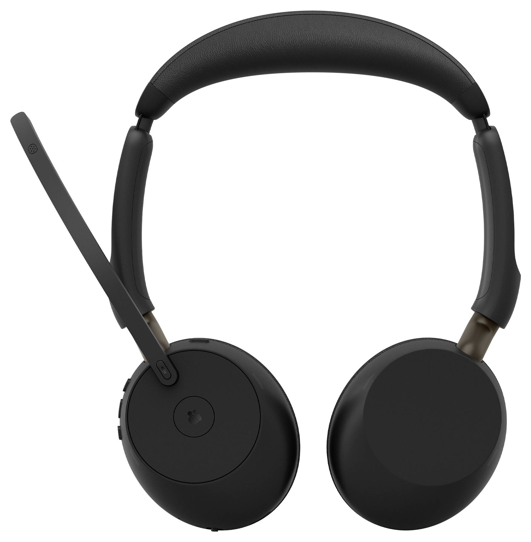 Schwarze Over-Ear-Kopfhörer mit einem Boom-Mikrofon auf der linken Seite auf weißem Hintergrund.