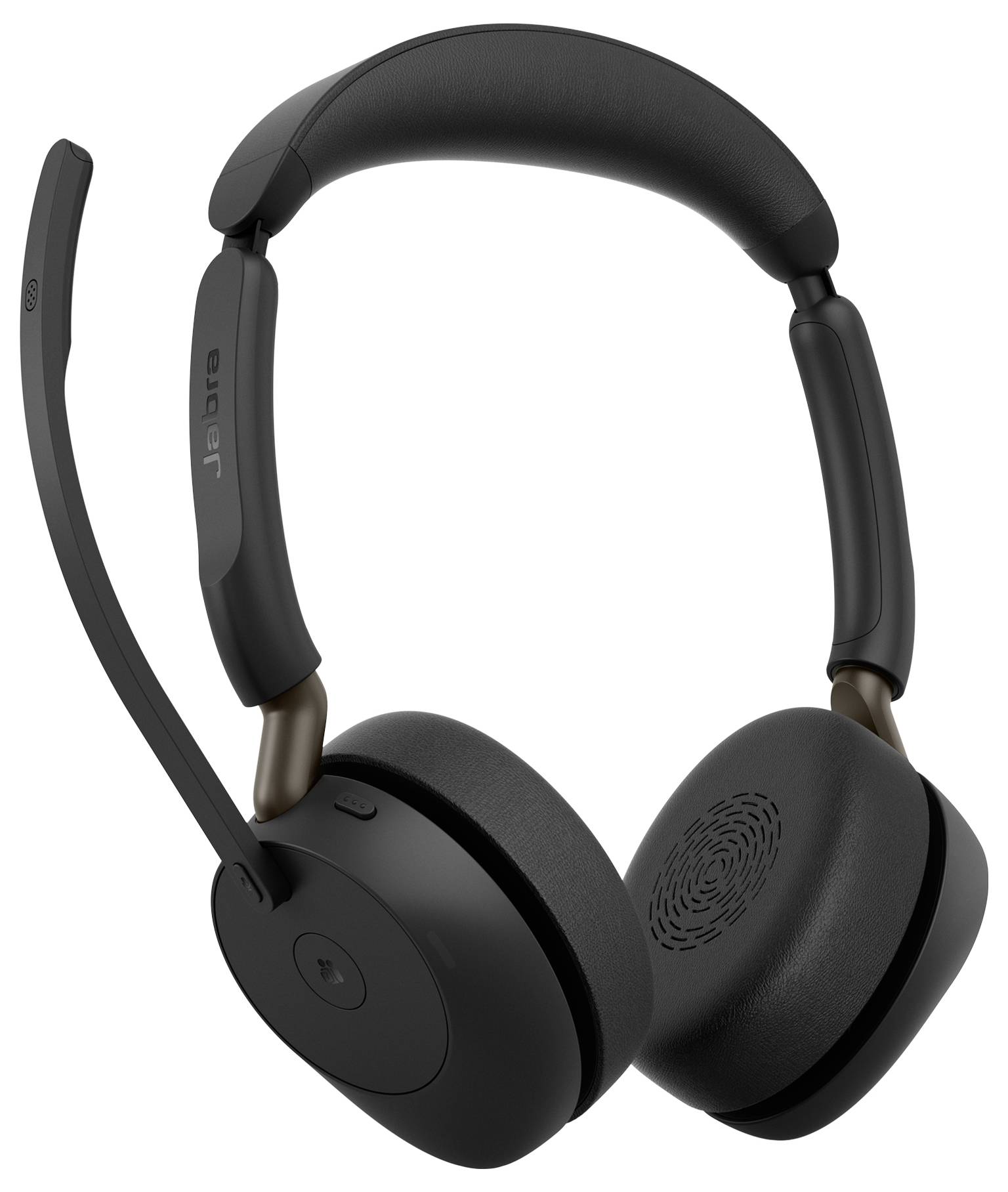 Schwarzes Jabra Over-Ear-Wireless-Headset mit Boom-Mikrofon und gepolstertem Kopfbügel, dargestellt auf weißem Hintergrund.