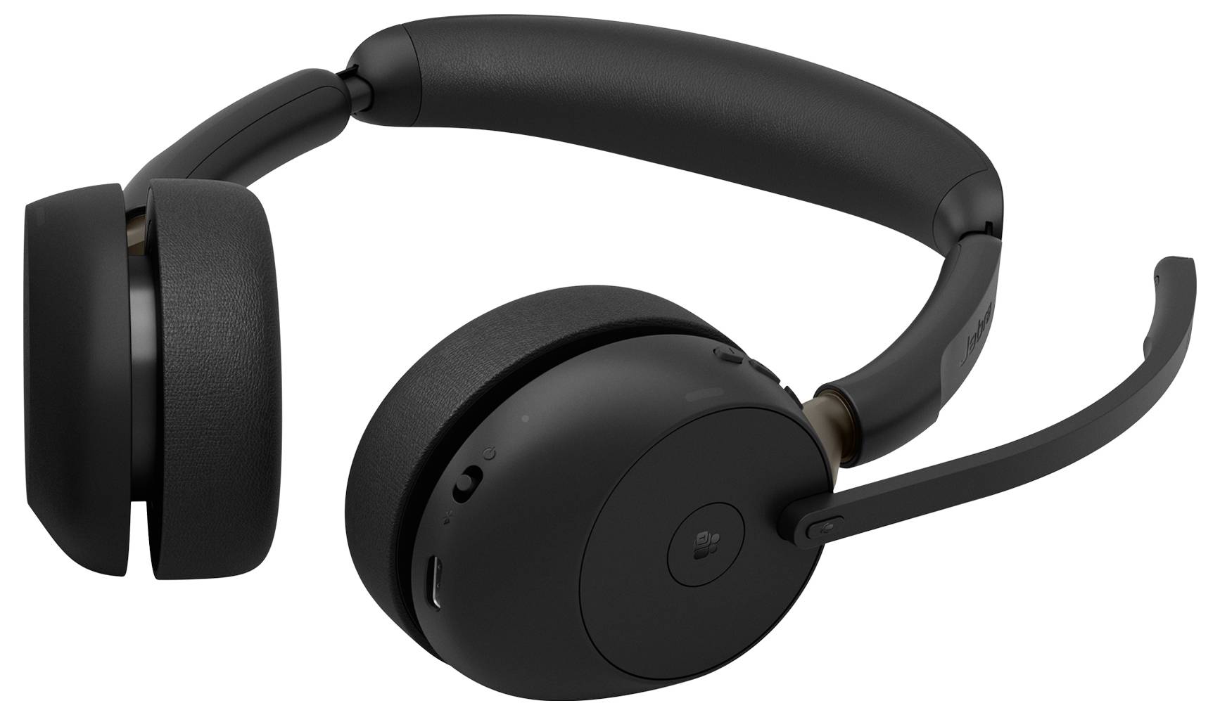 Schwarzes Over-Ear-Headset mit gepolstertem Kopfbügel, großen Ohrmuscheln und einem Boom-Mikrofon auf der rechten Seite.