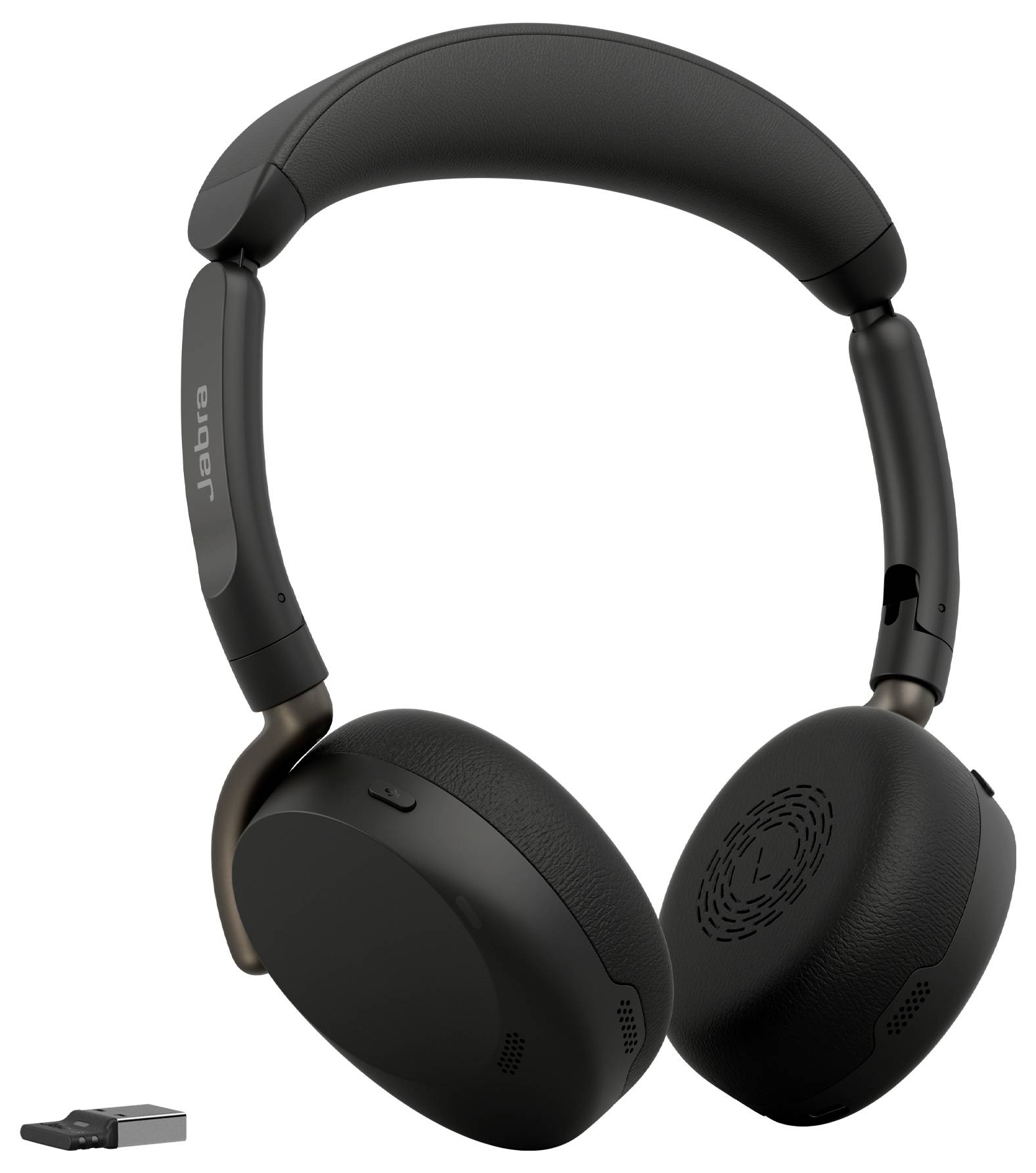 Schwarze Over-Ear-Kopfhörer von Jabra mit gepolstertem Kopfbügel und Ohrmuscheln, Vorderansicht auf weißem Hintergrund.