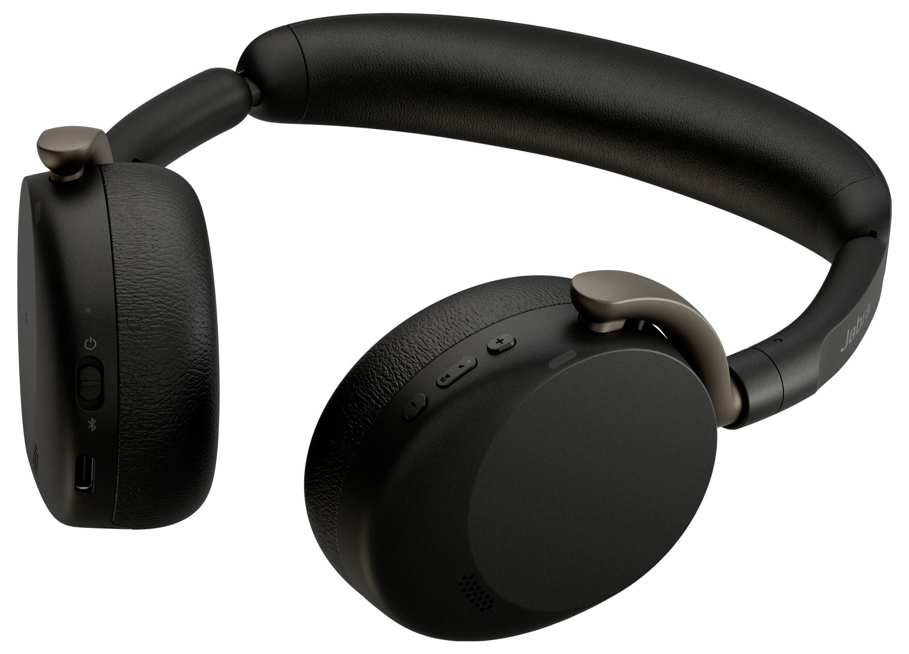 Schwarze Over-Ear-Kopfhörer mit Polsterung an Kopfbügel und Ohrmuscheln, isoliert auf weißem Hintergrund dargestellt.