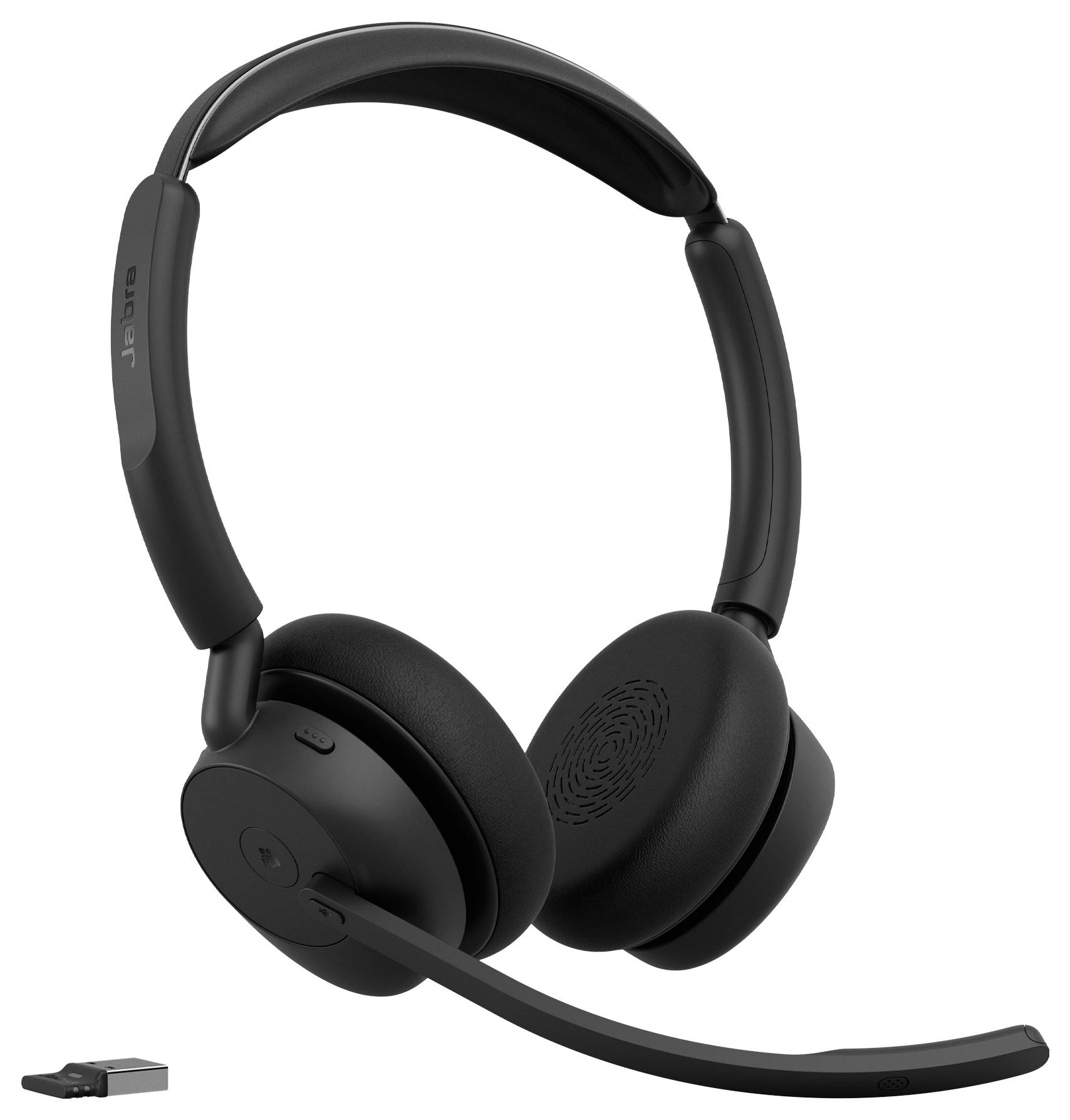 Schwarzes kabelloses Over-Ear-Headset mit Boom-Mikrofon und USB-Dongle auf weißem Hintergrund dargestellt.
